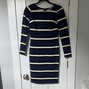 ANTONIO MELANI Blue and White Striped Long Sleeve Dress